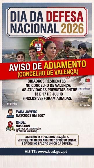 Dia da Defesa Nacional: Adiamento das Jornadas de 13 a 17 de julho