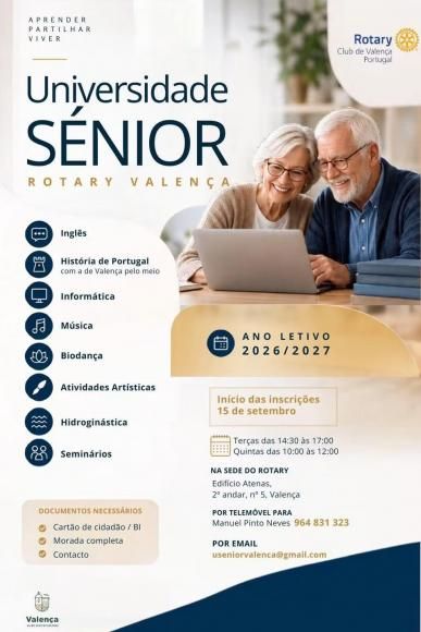 Abertas as Inscri&ccedil;&otilde;es para a Universidade S&eacute;nior Rotary de Valen&ccedil;a (Ano Letivo 2026/2027)